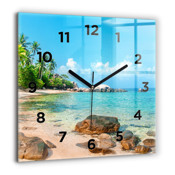 Square glass wall clock Beautiful beach in Thailand