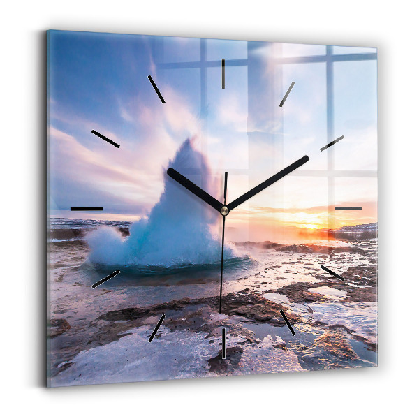 Square glass wall clock Geyser on the island of Iceland