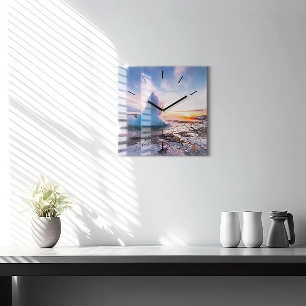 Square glass wall clock Geyser on the island of Iceland