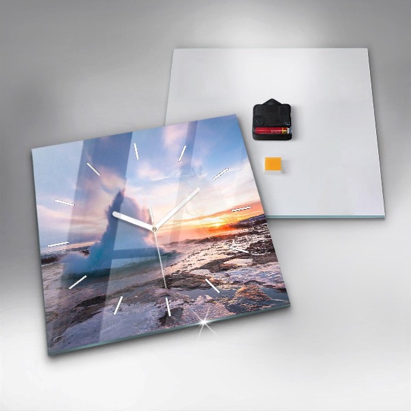 Square glass wall clock Geyser on the island of Iceland