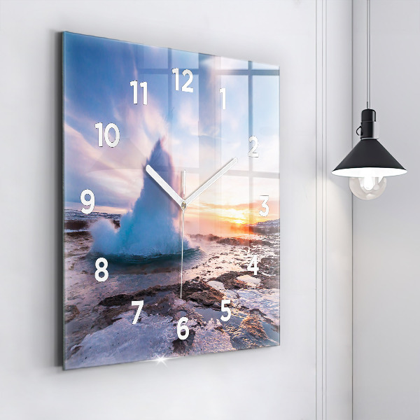 Square glass wall clock Geyser on the island of Iceland