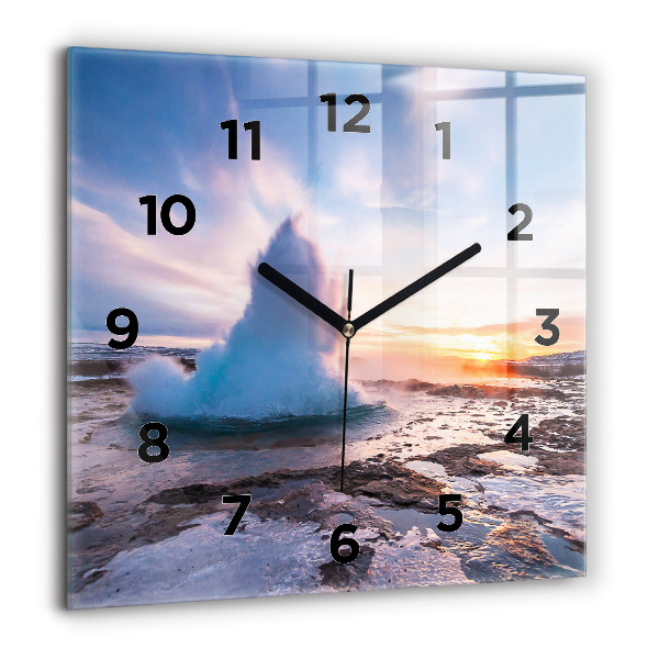 Square glass wall clock Geyser on the island of Iceland