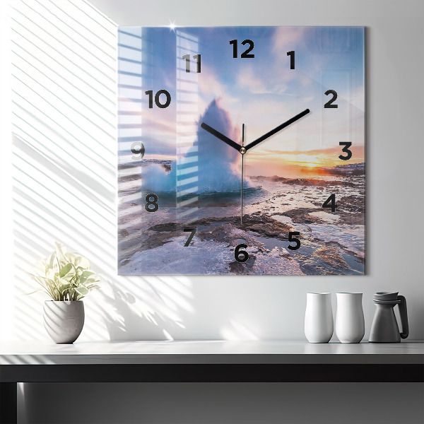 Square glass wall clock Geyser on the island of Iceland