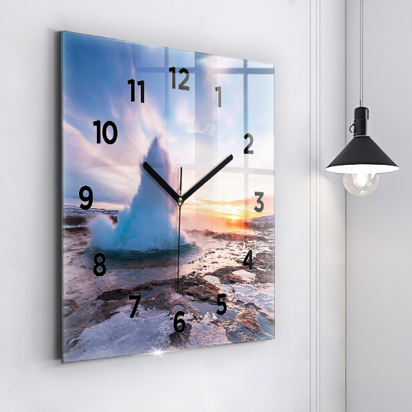 Square glass wall clock Geyser on the island of Iceland