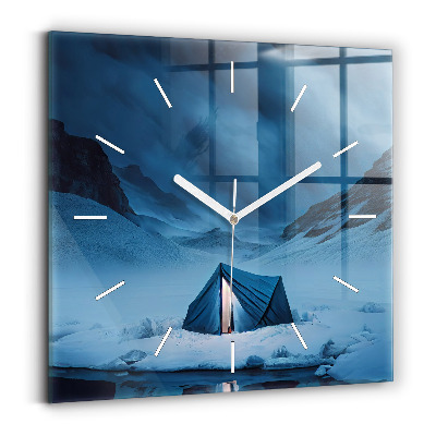 Square glass wall clock Tent in the mountains of Iceland