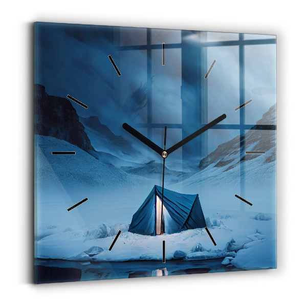 Square glass wall clock Tent in the mountains of Iceland