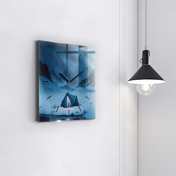Square glass wall clock Tent in the mountains of Iceland