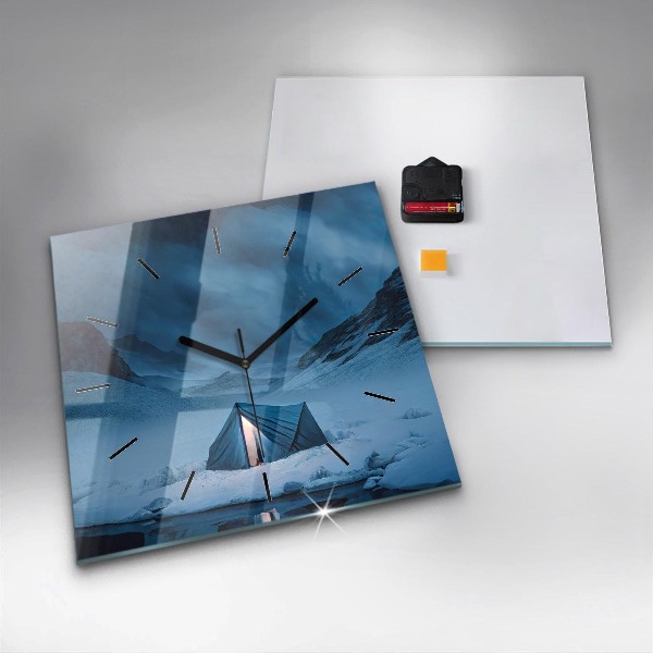 Square glass wall clock Tent in the mountains of Iceland