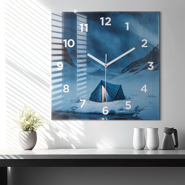 Square glass wall clock Tent in the mountains of Iceland
