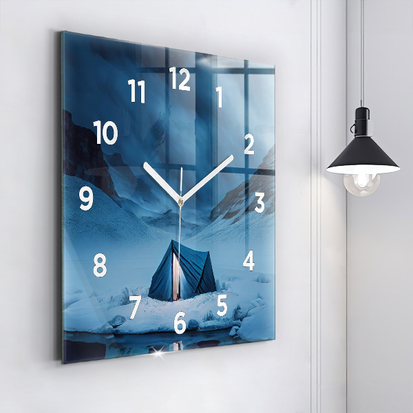 Square glass wall clock Tent in the mountains of Iceland