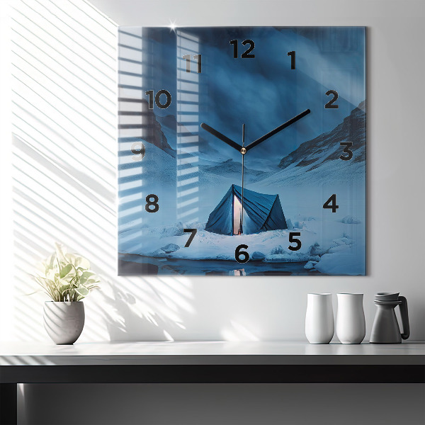 Square glass wall clock Tent in the mountains of Iceland