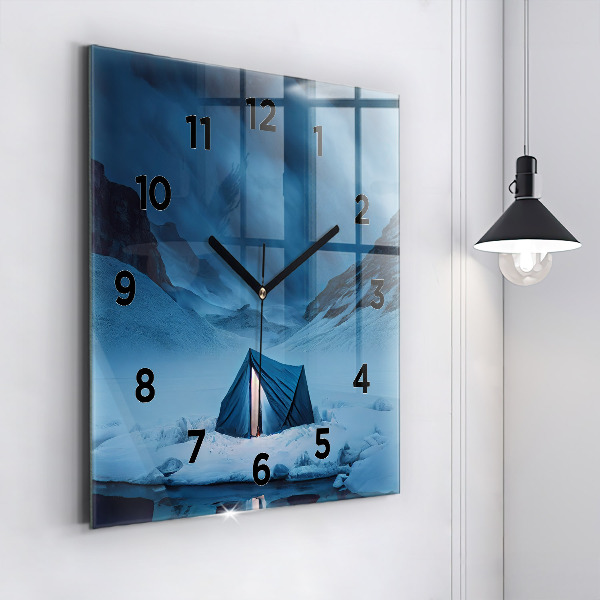 Square glass wall clock Tent in the mountains of Iceland