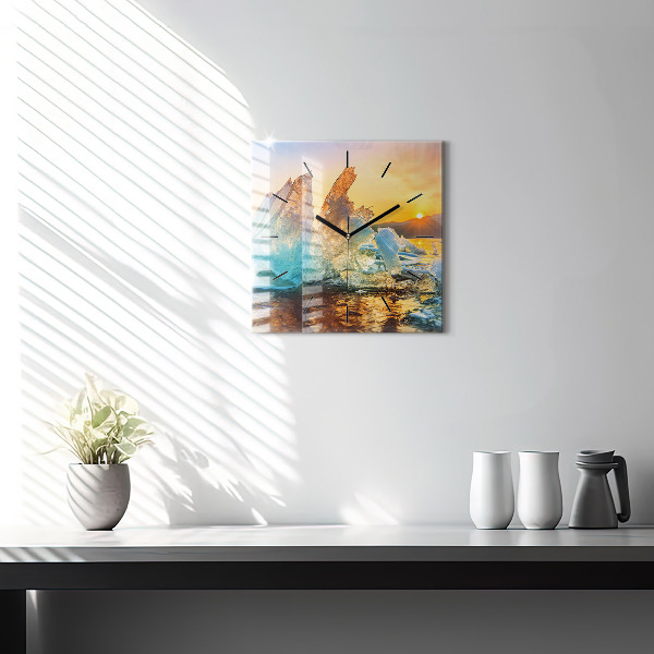 Square glass wall clock Iceberg and sunrise