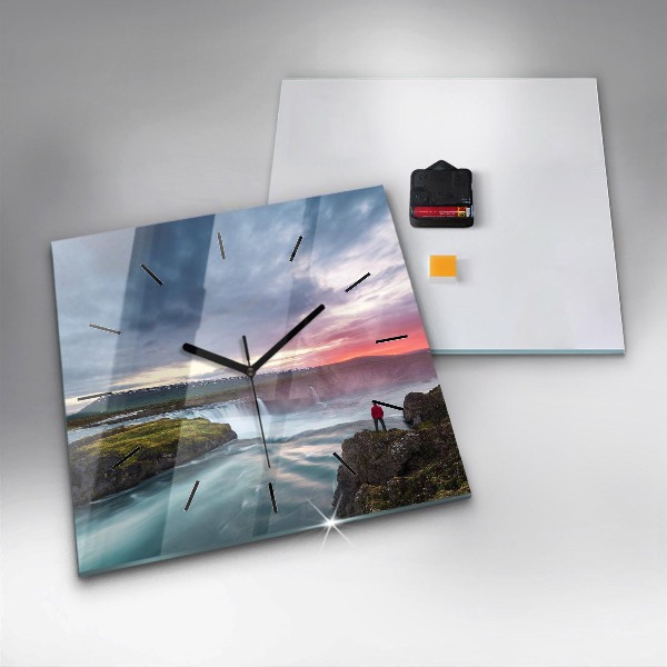 Square glass wall clock Landscape with a waterfall