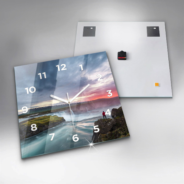Square glass wall clock Landscape with a waterfall