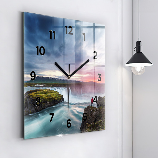 Square glass wall clock Landscape with a waterfall