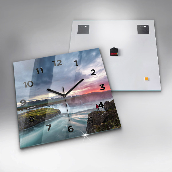 Square glass wall clock Landscape with a waterfall