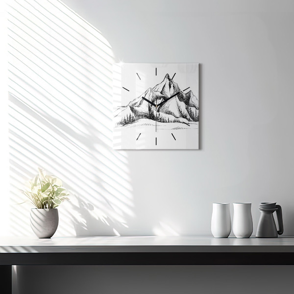 Square glass wall clock Drawn mountains