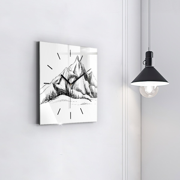 Square glass wall clock Drawn mountains