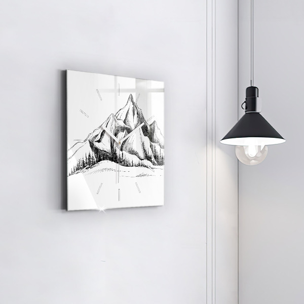 Square glass wall clock Drawn mountains