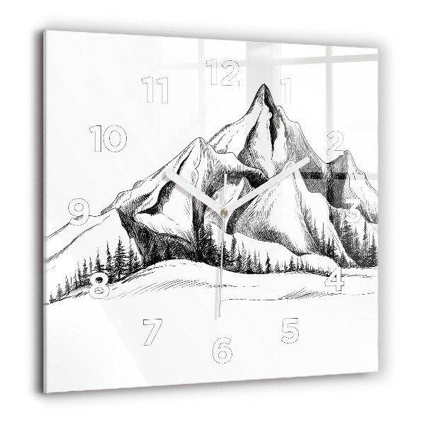 Square glass wall clock Drawn mountains