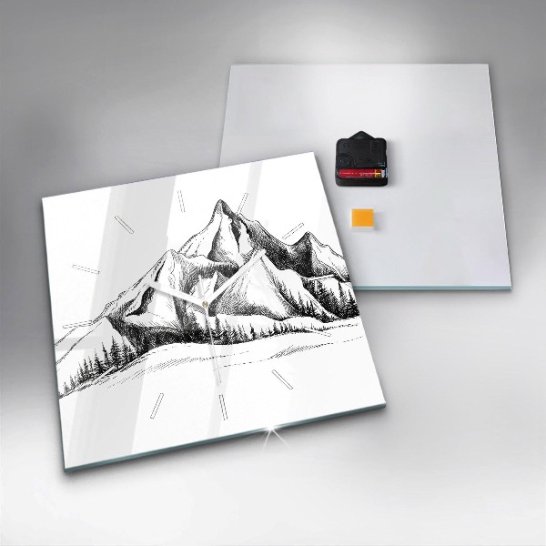 Square glass wall clock Drawn mountains