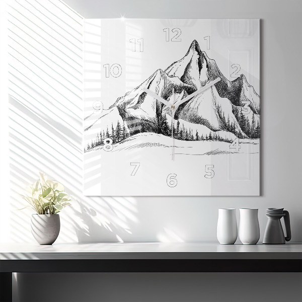 Square glass wall clock Drawn mountains