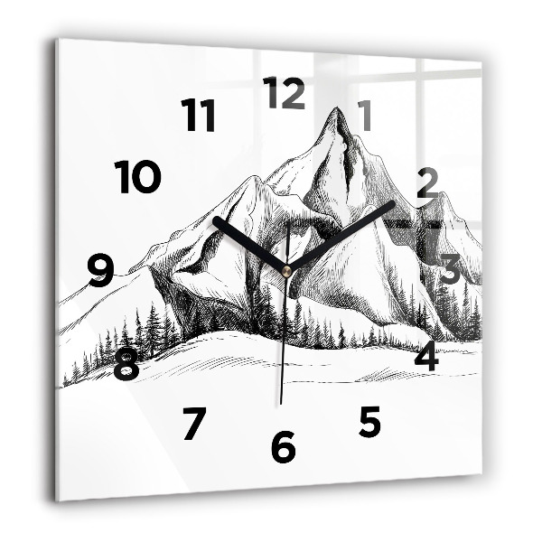 Square glass wall clock Drawn mountains