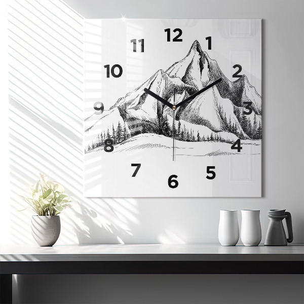 Square glass wall clock Drawn mountains