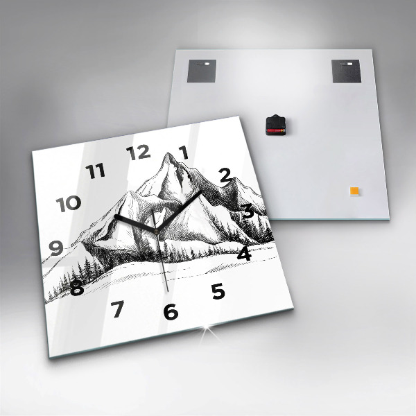 Square glass wall clock Drawn mountains