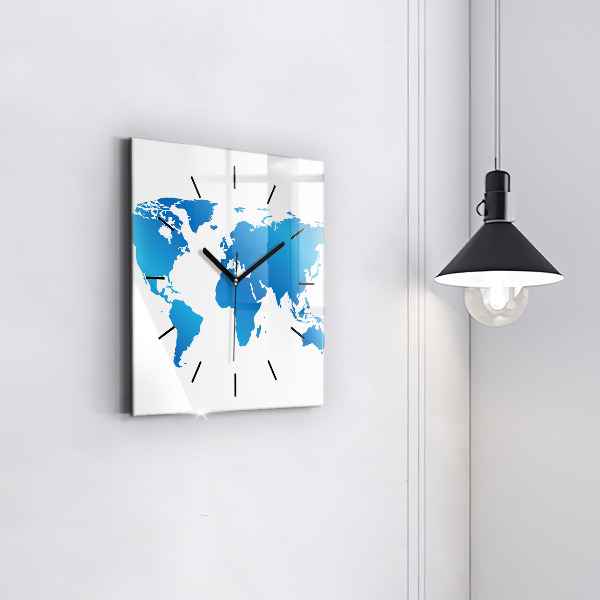 Square glass wall clock World map