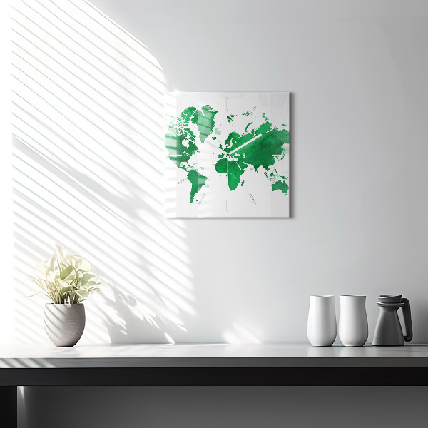 Square glass wall clock Green world map