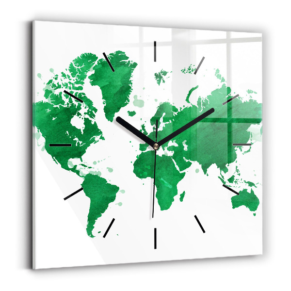 Square glass wall clock Green world map