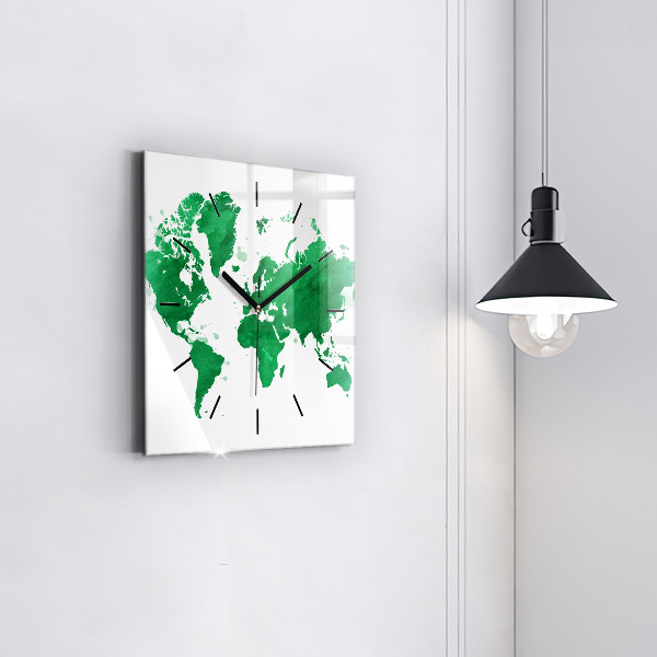 Square glass wall clock Green world map