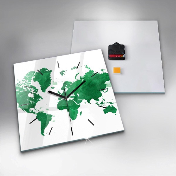 Square glass wall clock Green world map