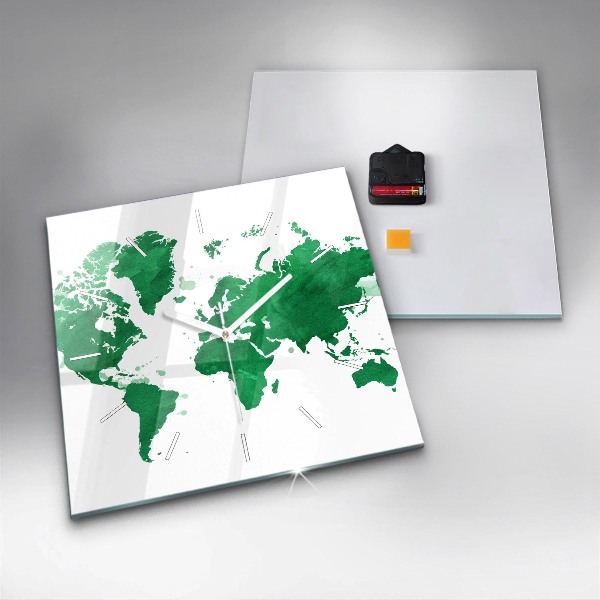 Square glass wall clock Green world map