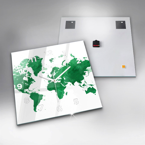 Square glass wall clock Green world map