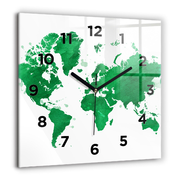 Square glass wall clock Green world map