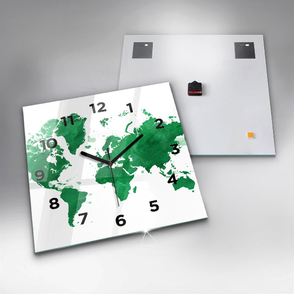 Square glass wall clock Green world map