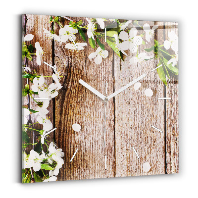 Square glass wall clock Flowers on wood