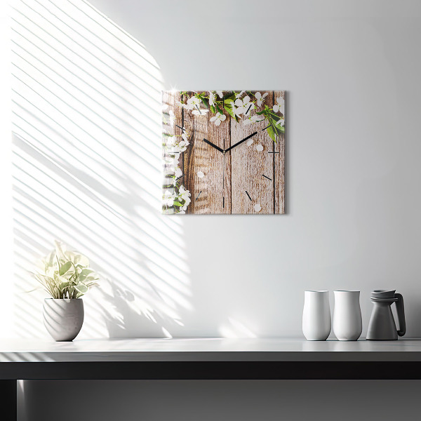 Square glass wall clock Flowers on wood