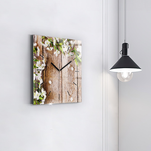 Square glass wall clock Flowers on wood