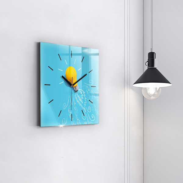 Square glass wall clock Light bulb drawing
