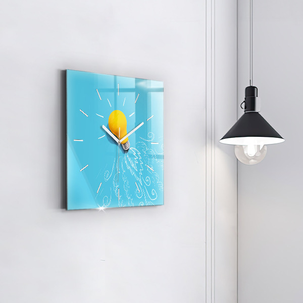 Square glass wall clock Light bulb drawing