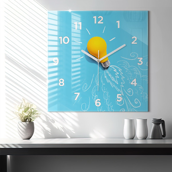 Square glass wall clock Light bulb drawing