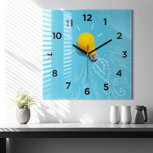 Square glass wall clock Light bulb drawing