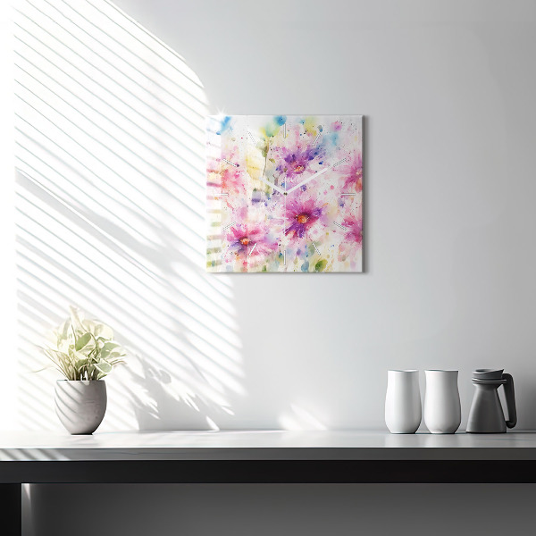 Square glass wall clock Painted flowers