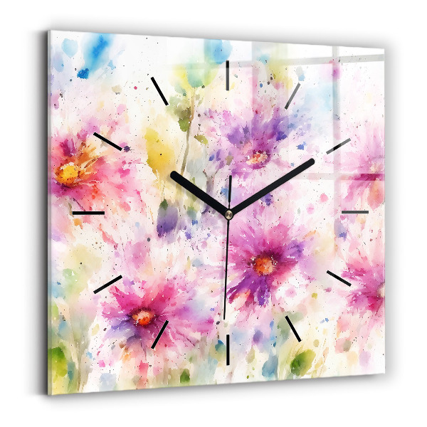 Square glass wall clock Painted flowers