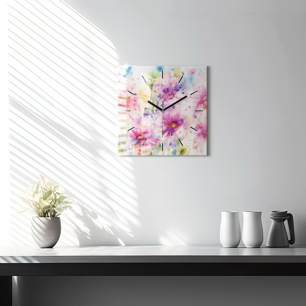 Square glass wall clock Painted flowers
