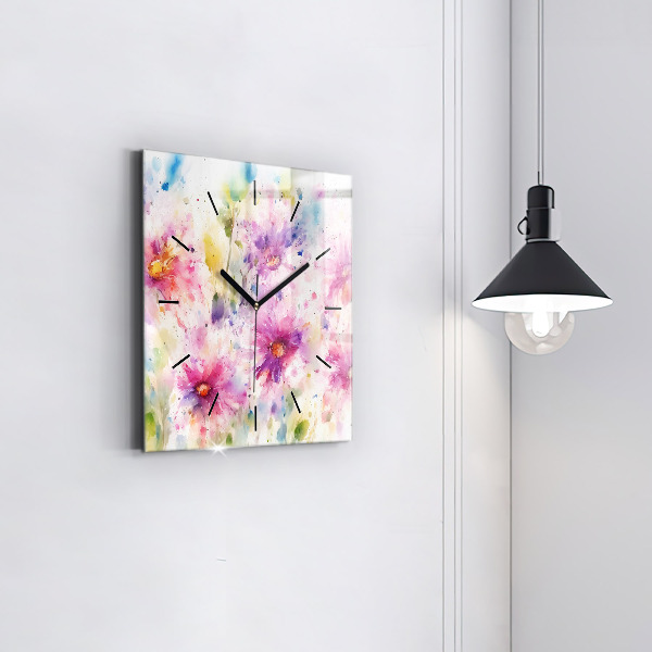 Square glass wall clock Painted flowers